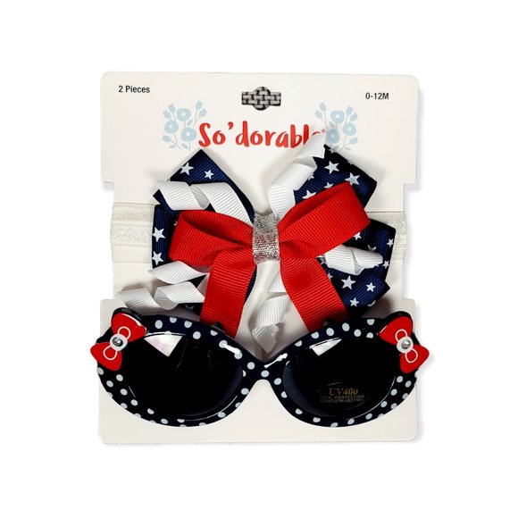 NWT 0-12M GIRL'S PATRIOTIC SUNGLASSES & MATCHING BOW - Picture 1 of 8